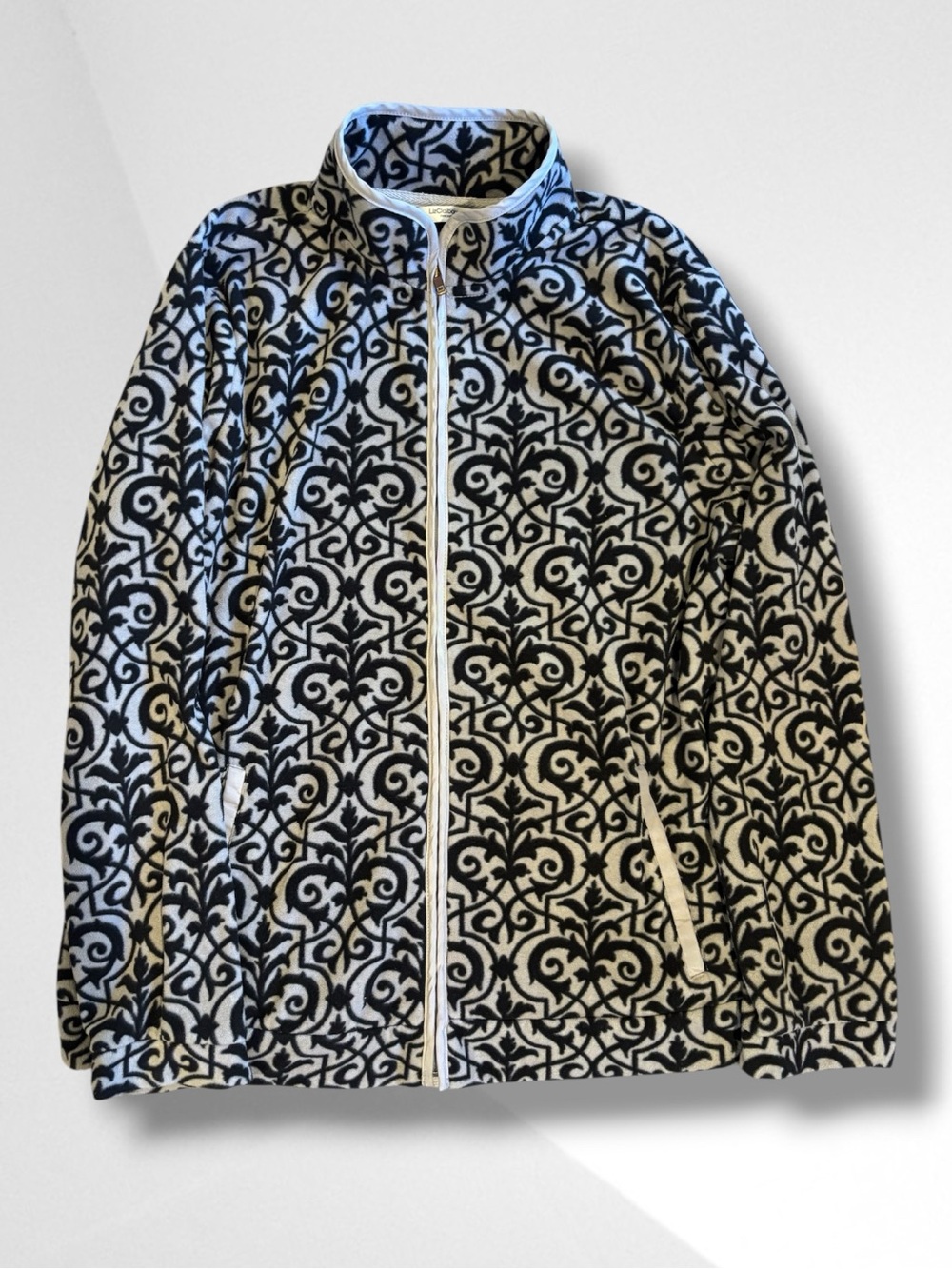 Liz Claiborne New York Damask Scroll Fleece Full Zip Jacket Black White 1X